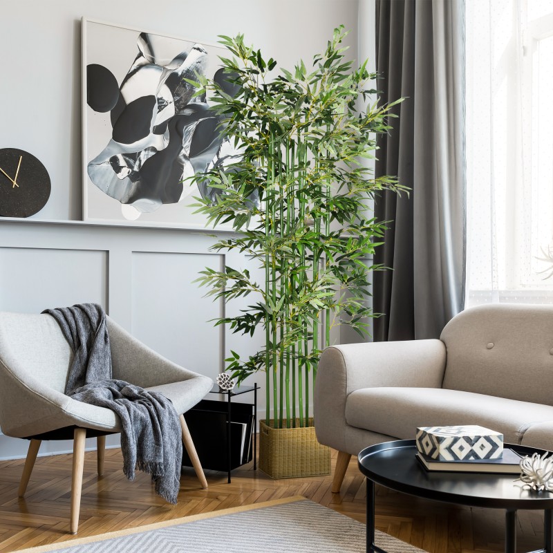 Keinotekoinen bambukasvi 180 cm, 1640 lehteä, vihreä, polyesteri ja bambu