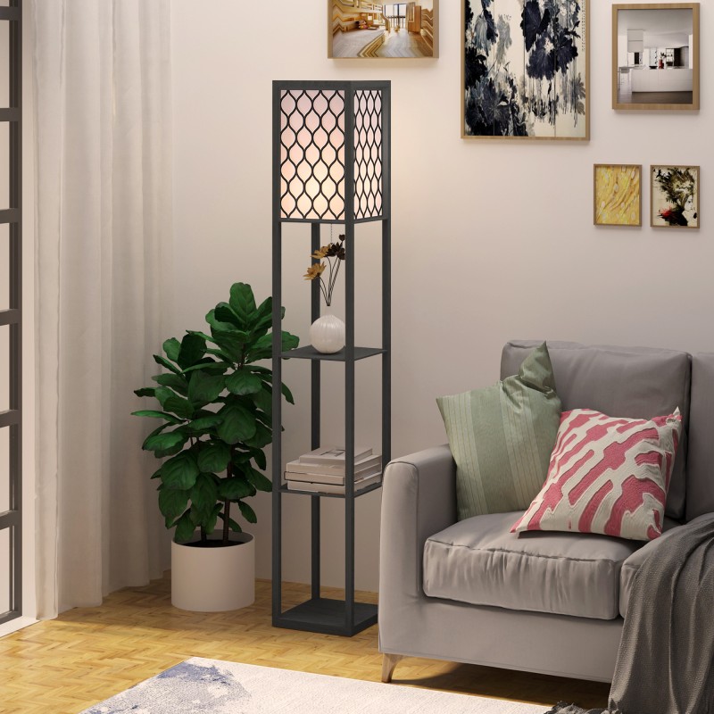 Lattiavalaisin hyllyillä olohuoneeseen, MDF/kangas, 26 x 26 x 160 cm, musta, E27, ilman lamppua