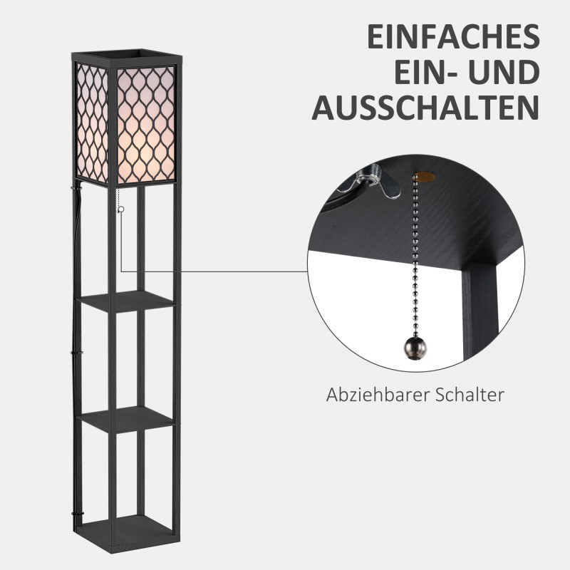 Lattiavalaisin hyllyillä olohuoneeseen, MDF/kangas, 26 x 26 x 160 cm, musta, E27, ilman lamppua
