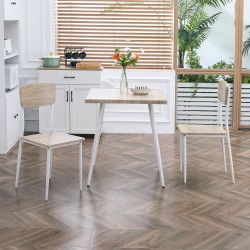 Ruokailuryhmä 3-osainen, pöytä ja 2 tuolia, metalli ja MDF, 70 x 70 cm, luonnonpuu/valkoinen