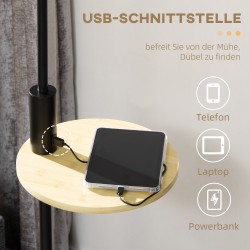Lattiavalaisin hyllyllä ja USB-liitännällä, bambu ja metalli, E27, max 40 W, luonnonväri/musta/beige