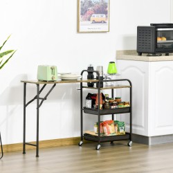 Keittiövaunu taitettavalla pöytätasolla, 2 tasoa ja avoin hylly, lastulevy/metalli, 118 x 36,5 x 82 cm, ruskea