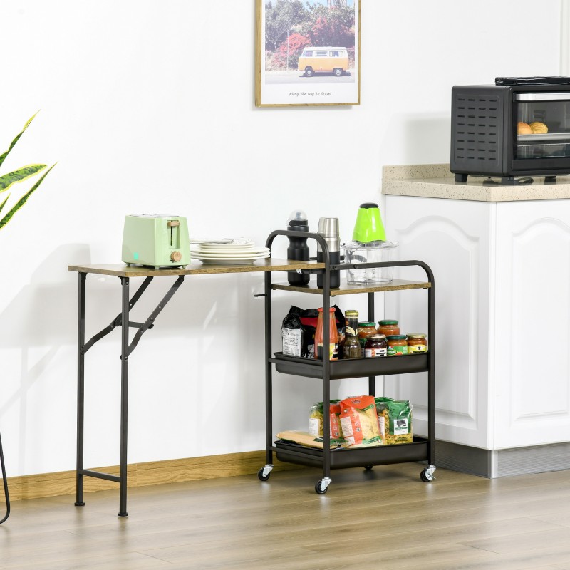 Keittiövaunu taitettavalla pöytätasolla, 2 tasoa ja avoin hylly, lastulevy/metalli, 118 x 36,5 x 82 cm, ruskea