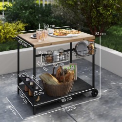 Tarjoiluvaunu sisä- ja ulkokäyttöön, 2 tasoa, metallikorit, 4 pullotelinettä, kuusipuu/teräs, natur/musta