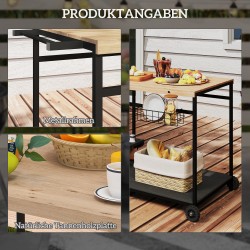 Tarjoiluvaunu sisä- ja ulkokäyttöön, 2 tasoa, metallikorit, 4 pullotelinettä, kuusipuu/teräs, natur/musta
