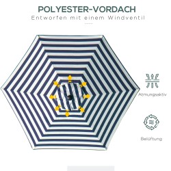 Aurinkovarjo ulkokäyttöön teräsrunko Ø230 x 216 cm sinivalkoraidallinen