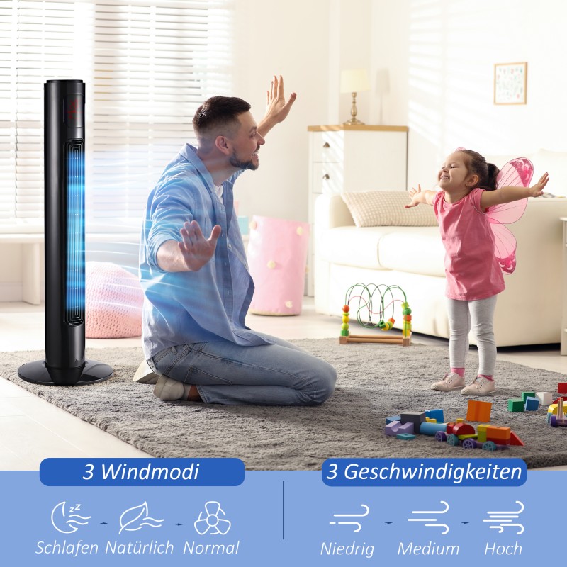 Tornituuletin kaukosäätimellä, 70° kääntyvä, 3 tilaa, 3 nopeutta, ajastin 12 h, 96 cm, musta