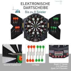 Elektroninen darts-taulu LED-näytöillä, ääniopastuksella, 27 peliä, 12 dartsia, musta