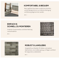 Ulkosohva 3 istuttava polyrottinki teräsrunko 173x68x78 cm harmaa tyynyillä