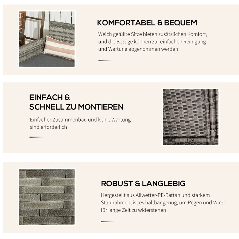 Ulkosohva 3 istuttava polyrottinki teräsrunko 173x68x78 cm harmaa tyynyillä