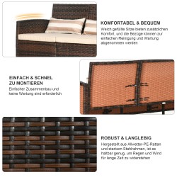 3-istuttava puutarhasohva tyynyillä, teräsrunko ja ruskea polyeteenipunos, 173 x 68 x 78 cm