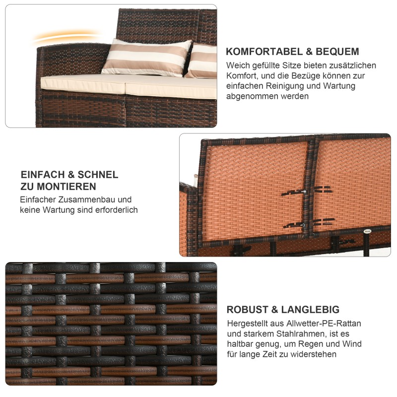 3-istuttava puutarhasohva tyynyillä, teräsrunko ja ruskea polyeteenipunos, 173 x 68 x 78 cm