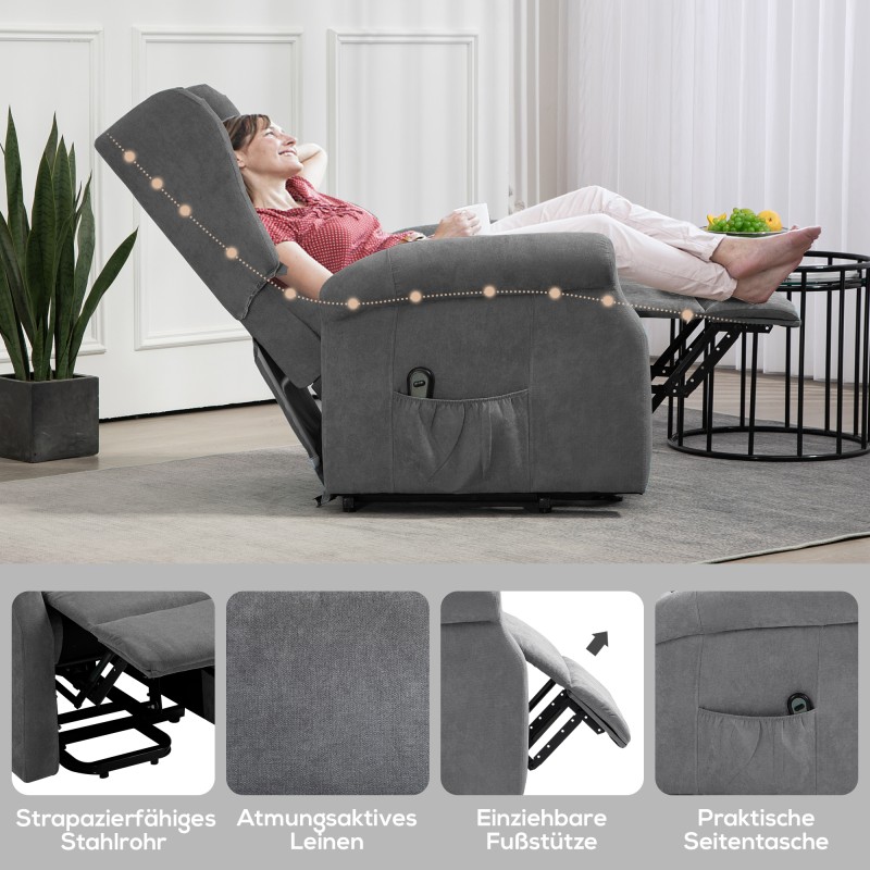 Sähköinen lepotuoli nousuavustimella, pellavakankaan kaltainen, 200 kg, 74x94x111 cm, tummanharmaa