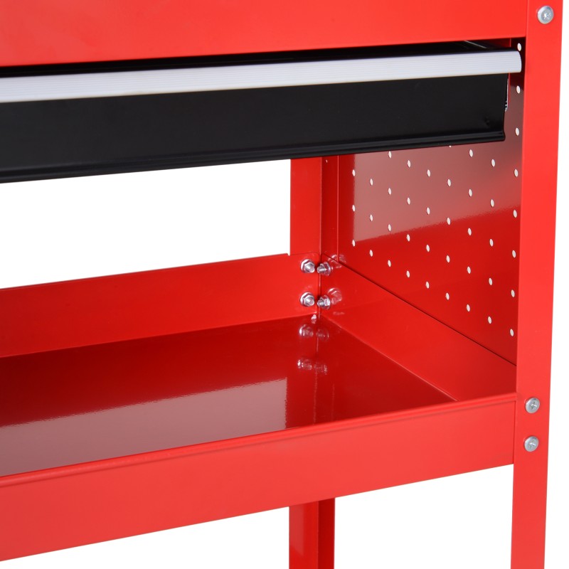 Työkalukärry 3 tasoa ja laatikko, teräs, 82 x 35 x 76 cm, punainen/musta