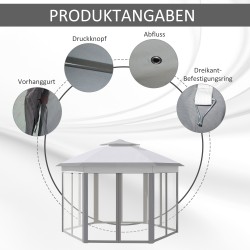 Puutarhateltta kokoontaitettava 4 x 4 m kuusikulmainen hyttysverkoilla harmaa/valkoinen