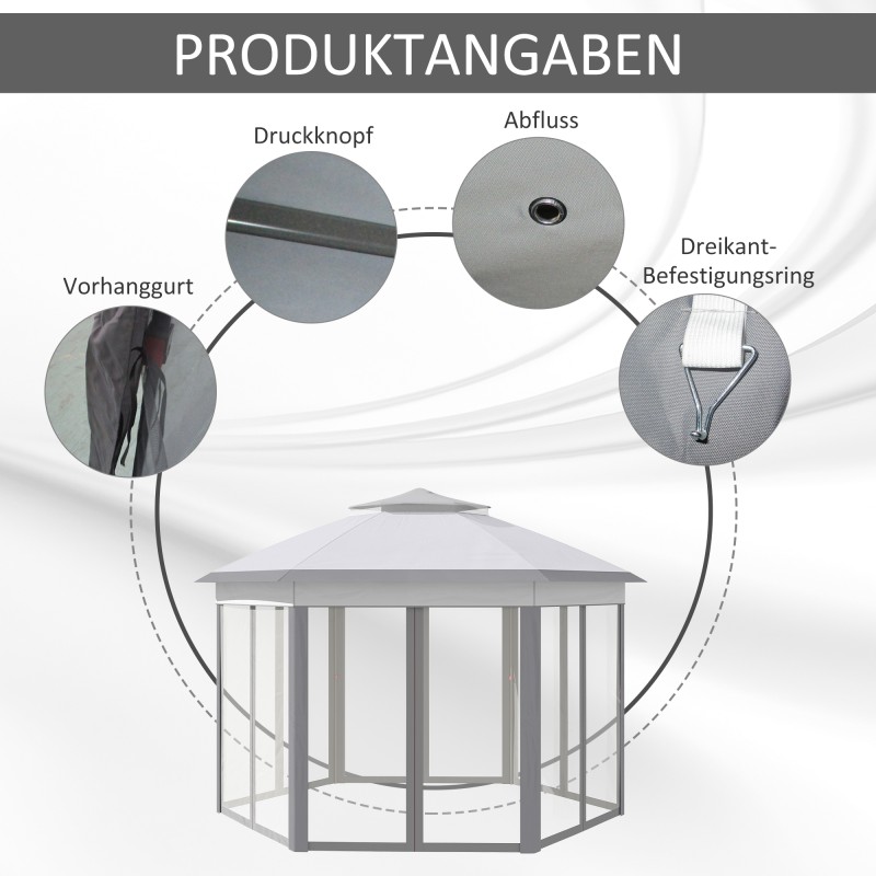 Puutarhateltta kokoontaitettava 4 x 4 m kuusikulmainen hyttysverkoilla harmaa/valkoinen