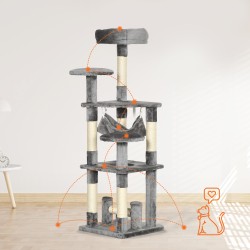 Kissapuu ja raapimispuu kissoille, sisal ja plyysi, 40 x 40 x 132 cm, harmaa