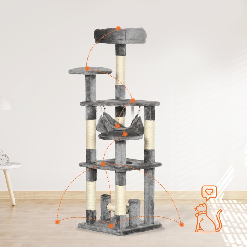 Kissapuu ja raapimispuu kissoille, sisal ja plyysi, 40 x 40 x 132 cm, harmaa