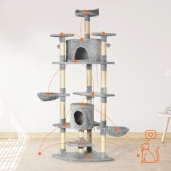 Kissan raapimapuu 200 cm, 2 pesää, 2 riippumakoria, sisalitolpat, vaaleanharmaa