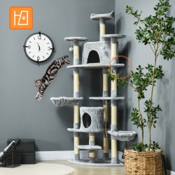 Kissan raapimapuu 200 cm, 2 pesää, 2 riippumakoria, sisalitolpat, vaaleanharmaa