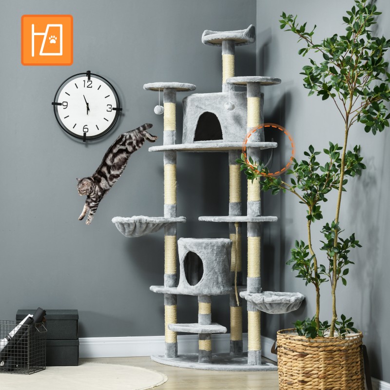 Kissan raapimapuu 200 cm, 2 pesää, 2 riippumakoria, sisalitolpat, vaaleanharmaa