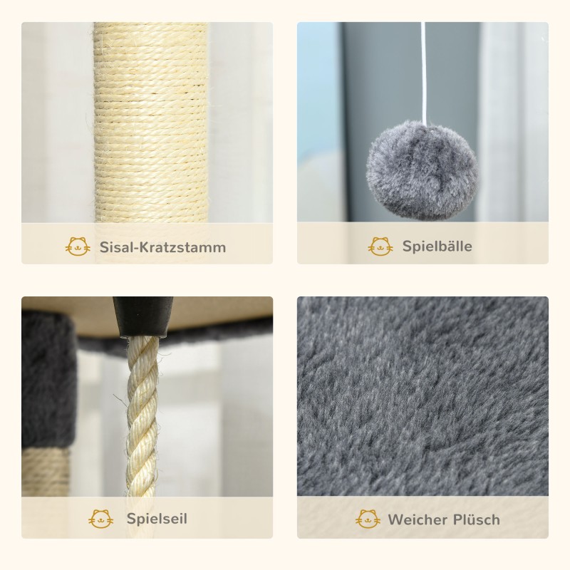 Kissan raapimapuu 200 cm, 2 pesää, 2 riippumakoria, sisalitolpat, vaaleanharmaa