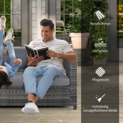 3-istuttava polyrottinkinen ulkosohva tyynyillä, metalli, 185 x 70 x 80 cm, harmaa