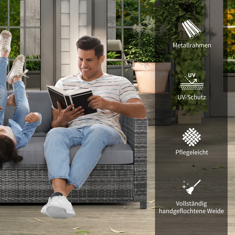 3-istuttava polyrottinkinen ulkosohva tyynyillä, metalli, 185 x 70 x 80 cm, harmaa