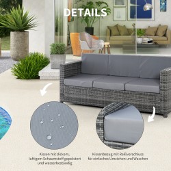 3-istuttava polyrottinkinen ulkosohva tyynyillä, metalli, 185 x 70 x 80 cm, harmaa