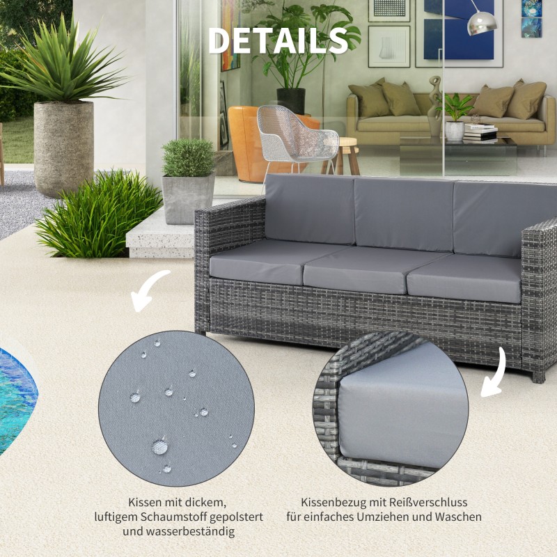 3-istuttava polyrottinkinen ulkosohva tyynyillä, metalli, 185 x 70 x 80 cm, harmaa