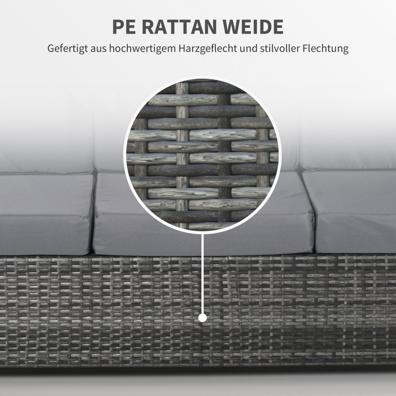 3-istuttava polyrottinkinen ulkosohva tyynyillä, metalli, 185 x 70 x 80 cm, harmaa