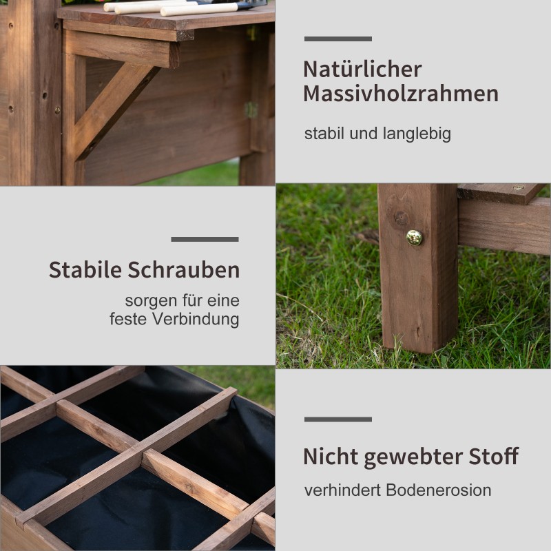 Korkea viljelylaatikko puutarhaan, kuusipuuta, 8 jaettua lokeroa, hylly ja taitettava sivutaso, 123 x 54 x 80 cm, ruskea