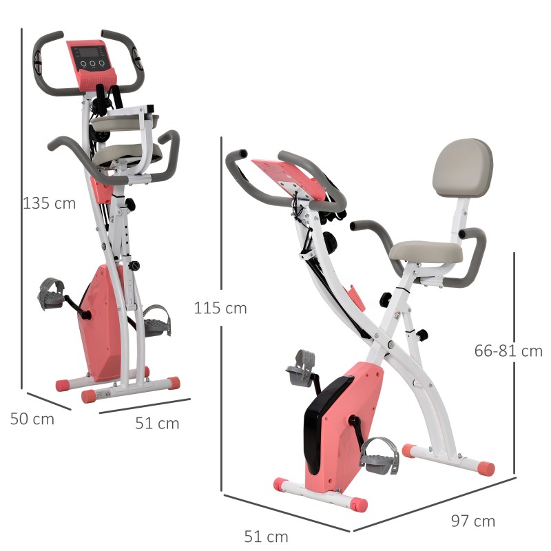 Taittuva 2-in-1 kuntopyörä magneettivastuksella, LCD-näytöllä ja vetokuminauhoilla, rosa-valkoinen