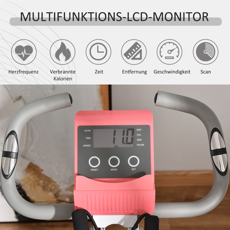 Taittuva 2-in-1 kuntopyörä magneettivastuksella, LCD-näytöllä ja vetokuminauhoilla, rosa-valkoinen