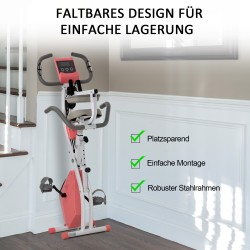 Taittuva 2-in-1 kuntopyörä magneettivastuksella, LCD-näytöllä ja vetokuminauhoilla, rosa-valkoinen
