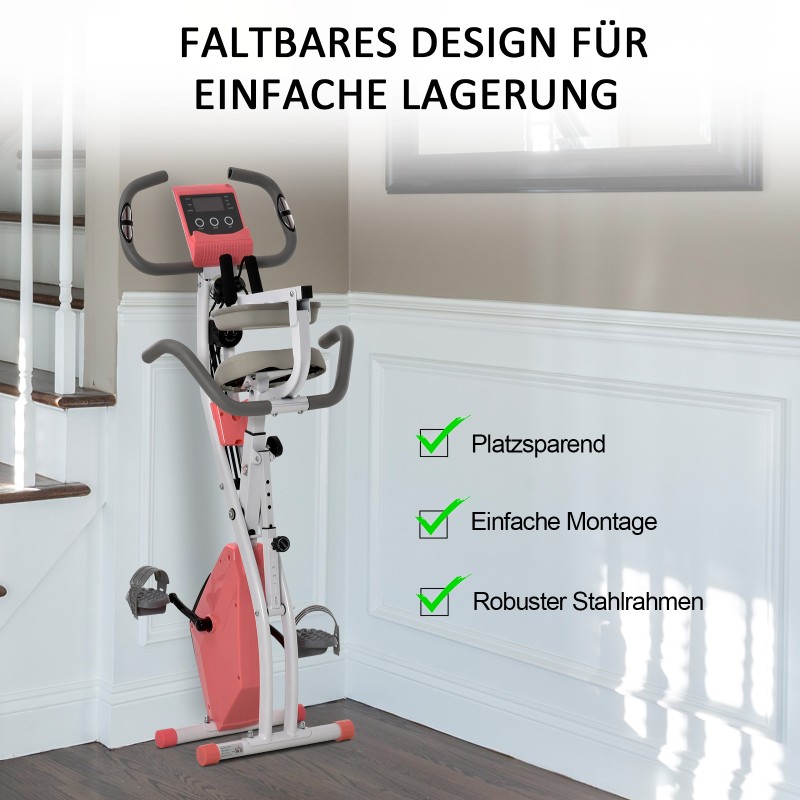 Taittuva 2-in-1 kuntopyörä magneettivastuksella, LCD-näytöllä ja vetokuminauhoilla, rosa-valkoinen