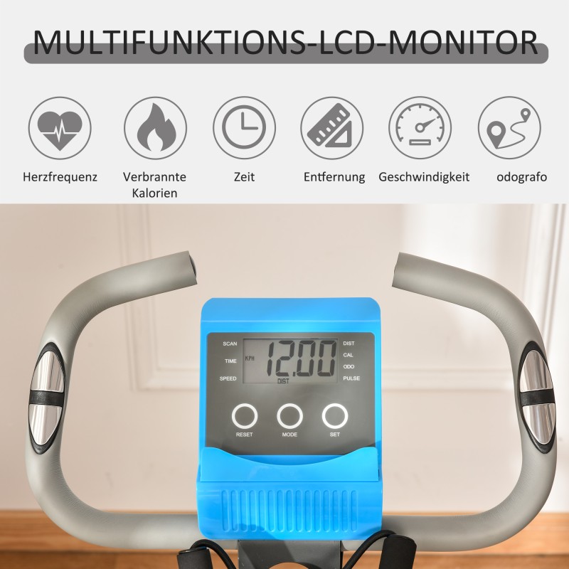 Kuntopyörä 2-in-1 selkänojalla ja vastusnauhoilla, 8-portainen magneettivastus, LCD-näyttö, sininen/musta