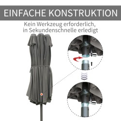 Kaksinkertainen aurinkovarjo puutarhaan teräs/polyesteri 460 x 270 x 240 cm tummanharmaa mukana jalusta ja hiekkasäkit