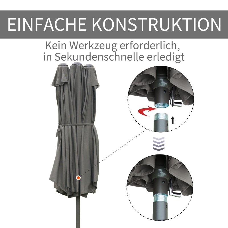 Kaksinkertainen aurinkovarjo puutarhaan teräs/polyesteri 460 x 270 x 240 cm tummanharmaa mukana jalusta ja hiekkasäkit