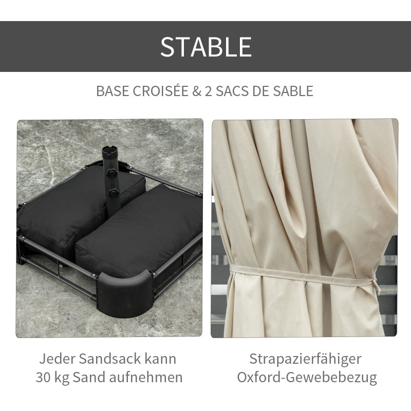 Kaksiosainen terassivarjo jalustalla teräsrunko 460 x 270 x 240 cm cremevalkoinen