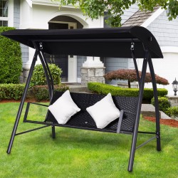 Puutarhakeinu 3 hengen, polyrottinki ja metallirunko, katos ja tyynyt, 198x124x179 cm, musta