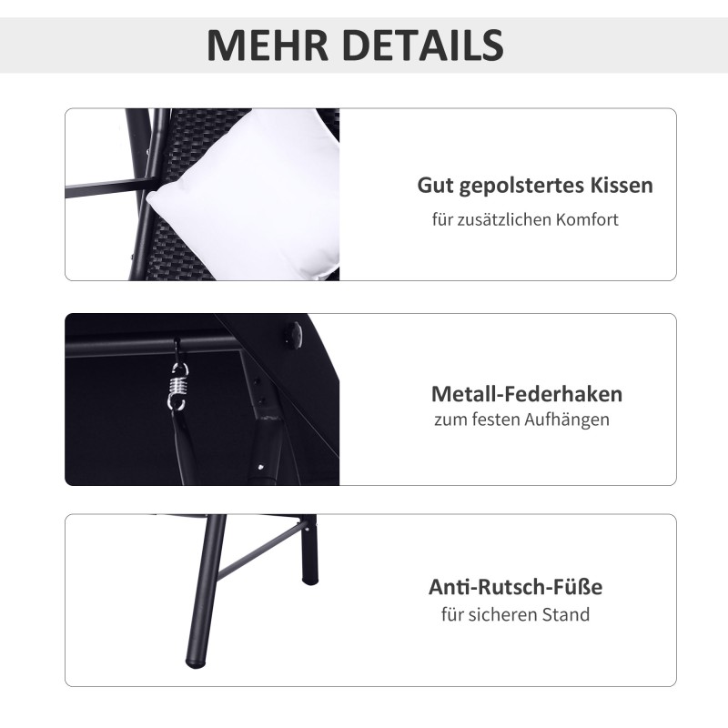 Puutarhakeinu 3 hengen, polyrottinki ja metallirunko, katos ja tyynyt, 198x124x179 cm, musta