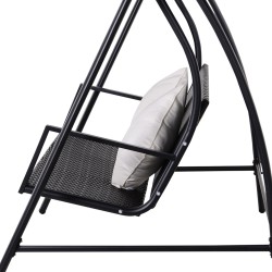 Puutarhakeinu 3 hengen, polyrottinki ja metallirunko, katos ja tyynyt, 198x124x179 cm, musta