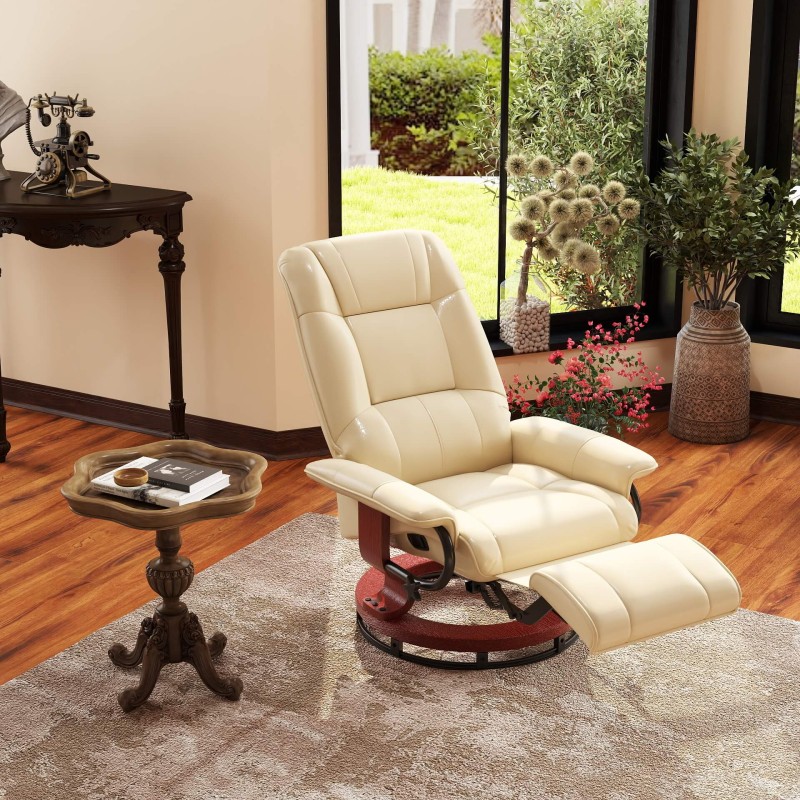 Lepotuoli keinonahkaa, kallistettava ja kääntyvä, puurunko, 78 x 87 x 100 cm, kermanvalkoinen, kantavuus 120 kg