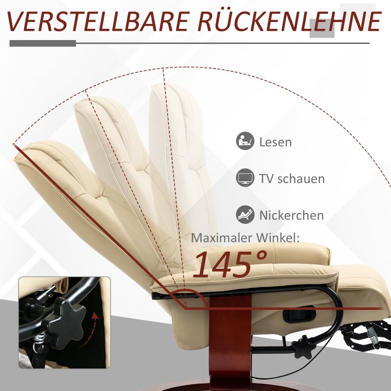 Lepotuoli keinonahkaa, kallistettava ja kääntyvä, puurunko, 78 x 87 x 100 cm, kermanvalkoinen, kantavuus 120 kg