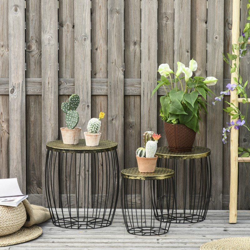 3 kpl sohvapöytä- ja pikkupöytäsarja ulko- ja sisäkäyttöön, metalli, musta, 3 kokoa