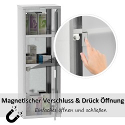 Lääkekaappi seinälle, ruostumaton teräs ja karkaistu lasi, lukittava, 3 hyllyä, 20 x 12 x 58 cm, hopea