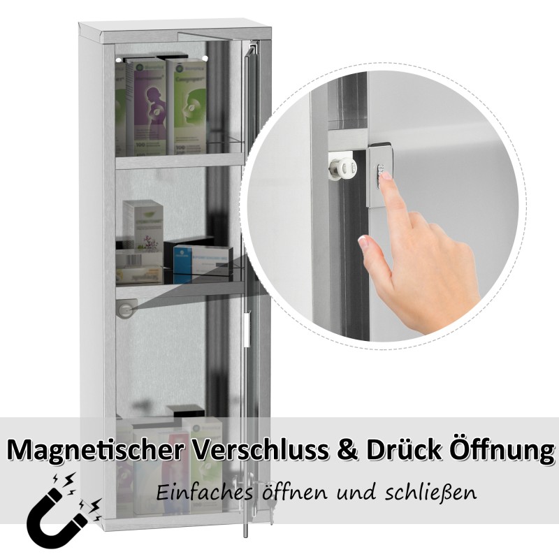 Lääkekaappi seinälle, ruostumaton teräs ja karkaistu lasi, lukittava, 3 hyllyä, 20 x 12 x 58 cm, hopea