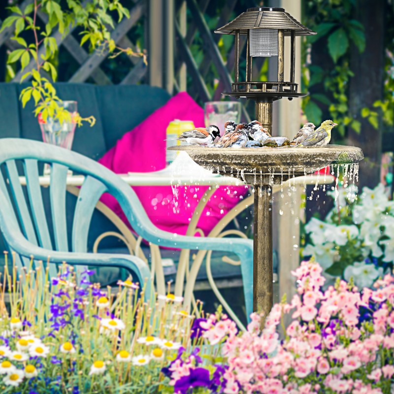 Lintuallas ja ruokintateline aurinkovalolla, muovi, Ø50 x 110 cm, pronssinvärinen