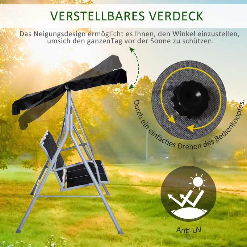 Puutarhakeinu 3 hengen teräsrunkoinen säädettävällä aurinkokatoksella 171x108x150 cm musta